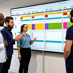** A team of diverse data scientists collaboratively working on a large screen displaying a Gantt chart. The atmosphere is energetic yet organized, with team members discussing tasks and progress. The scene emphasizes task delegation, progress tracking, and teamwork. Keywords: data science team, Gantt chart, project management software, collaboration, efficiency.

**
