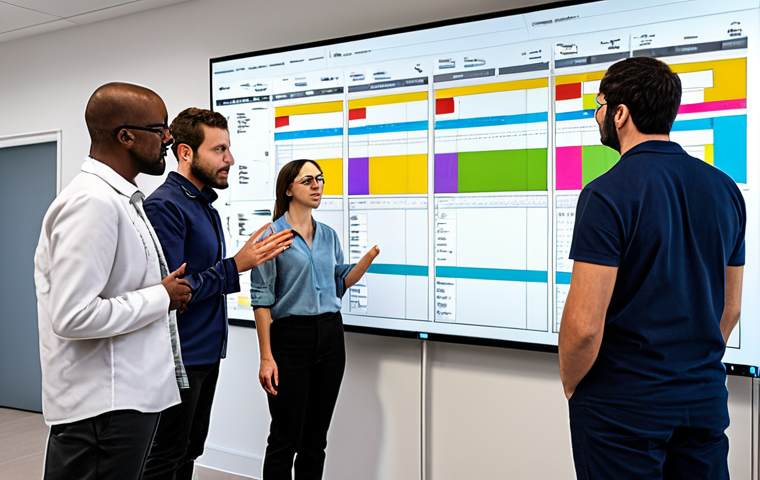 ** A team of diverse data scientists collaboratively working on a large screen displaying a Gantt chart. The atmosphere is energetic yet organized, with team members discussing tasks and progress. The scene emphasizes task delegation, progress tracking, and teamwork. Keywords: data science team, Gantt chart, project management software, collaboration, efficiency.

**