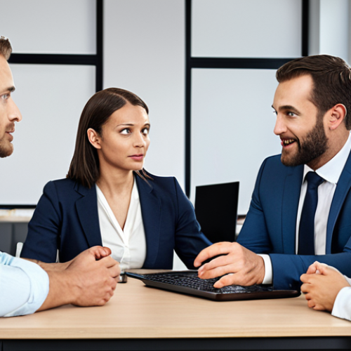 **

A diverse team of data professionals collaboratively negotiating in a modern office. The atmosphere is positive and constructive, emphasizing communication, strategy, and a win-win approach. Visual cues should represent non-violent communication techniques (e.g., active listening, empathy).

**