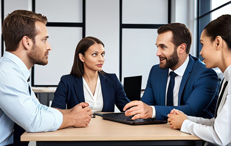 **

A diverse team of data professionals collaboratively negotiating in a modern office. The atmosphere is positive and constructive, emphasizing communication, strategy, and a win-win approach. Visual cues should represent non-violent communication techniques (e.g., active listening, empathy).

**