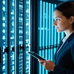 A professional female data scientist, fully clothed in a modest business suit, stands confidently in a modern, clean data center. She is focused on a transparent, holographic interface displaying abstract, glowing data streams being refined and transformed into precise, valuable insights. The background features rows of gleaming server racks and subtle, complex network lines, emphasizing technological sophistication and the meticulous process of data refinement. The scene evokes the concept of transforming raw, chaotic data into refined intelligence. Perfect anatomy, correct proportions, natural pose, well-formed hands, proper finger count, natural body proportions. High quality, professional photography, studio lighting. Safe for work, appropriate content, fully clothed, professional.