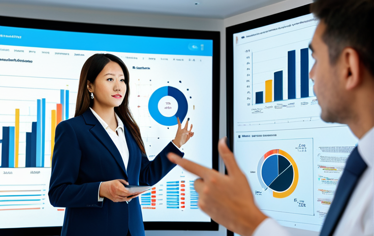 빅데이터 기술자의 성과 발표 사례 - **Data Mining:** A professional data analyst in a modern office setting, fully clothed in appropriat...