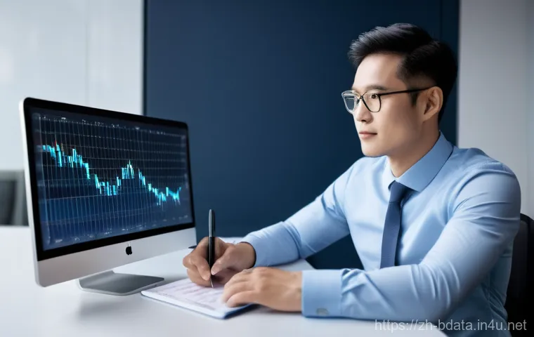 빅데이터 실무에서의 머신러닝 적용 사례 - A confident, well-dressed young professional in a modern financial office, about 30 years old, East ...