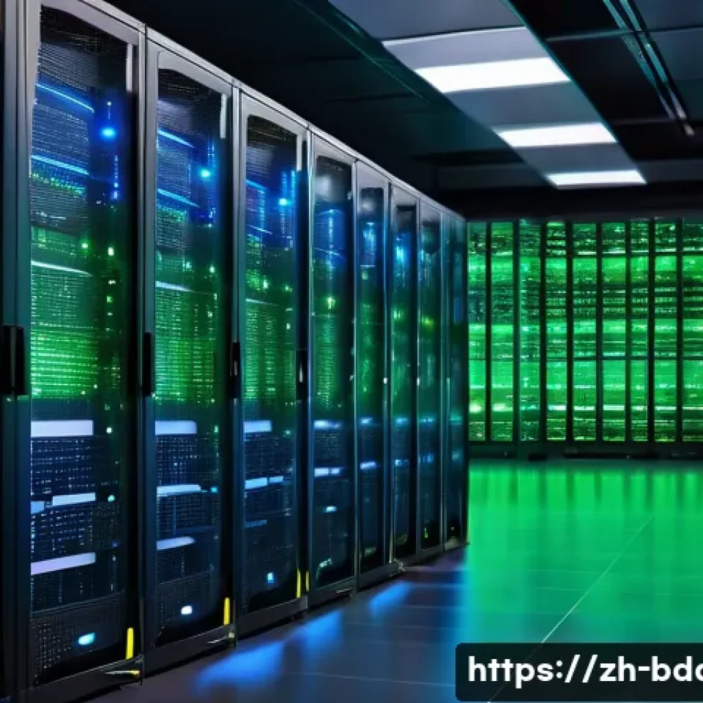 빅데이터 실무에서 스케일링 사례 - A high-tech data center with rows of sleek server racks glowing with blue and green LED lights, illu...
