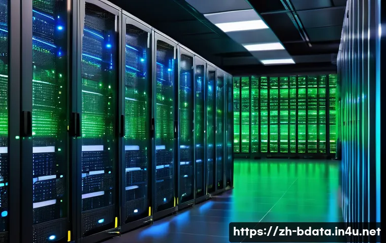 빅데이터 실무에서 스케일링 사례 - A high-tech data center with rows of sleek server racks glowing with blue and green LED lights, illu...