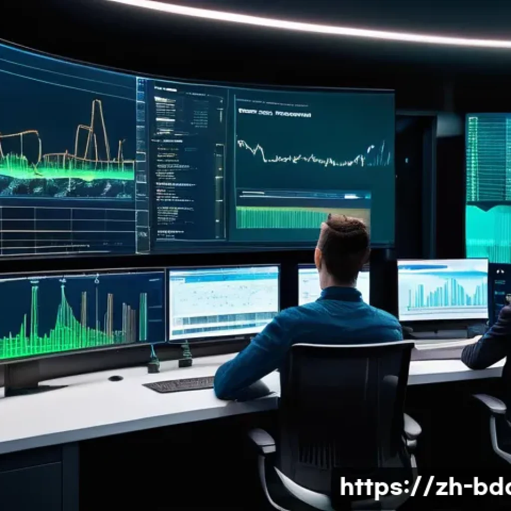 빅데이터 기술자의 실시간 데이터 처리 팁 - A modern data engineering control room showcasing a large curved screen wall filled with real-time s...