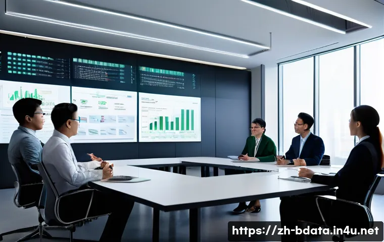 빅데이터 실무에서 발생할 수 있는 윤리적 딜레마 - A modern office scene showing a diverse group of professionals&mdash;data scientists, ethicists, and legal...