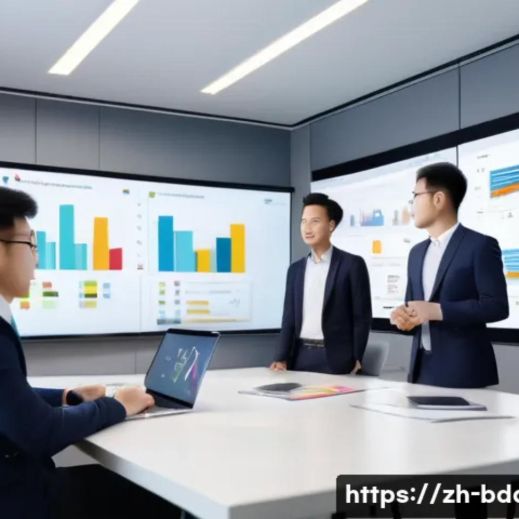 빅데이터 기술자의 성과 리뷰 준비 - A modern office meeting scene focused on a diverse team of Chinese professionals collaborating on a ...