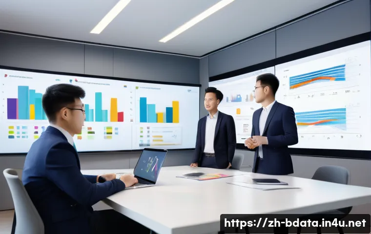 빅데이터 기술자의 성과 리뷰 준비 - A modern office meeting scene focused on a diverse team of Chinese professionals collaborating on a ...