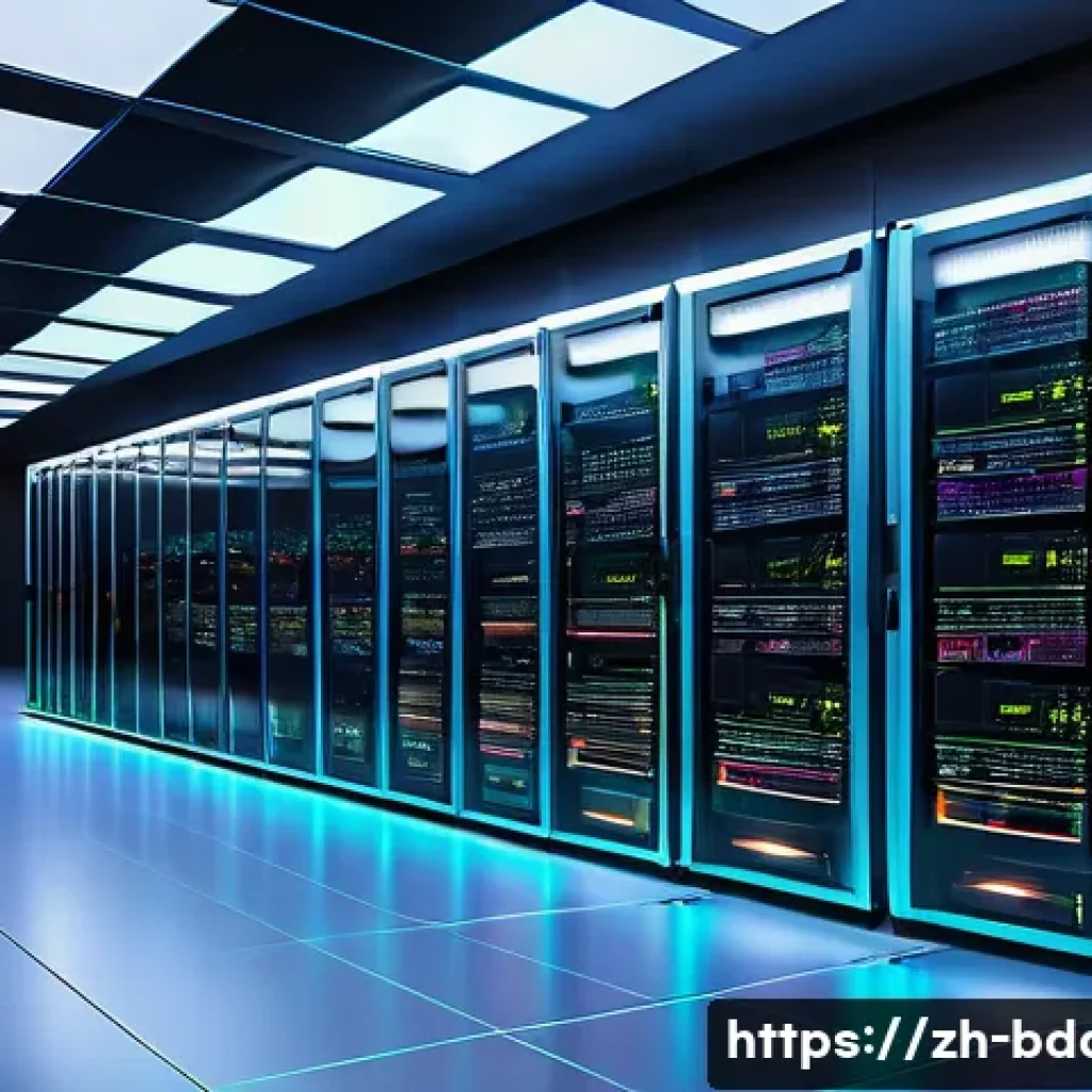 빅데이터 기술자와 대용량 데이터 처리 기술 - A futuristic data center interior with rows of sleek servers and glowing HDFS storage units, illustr...