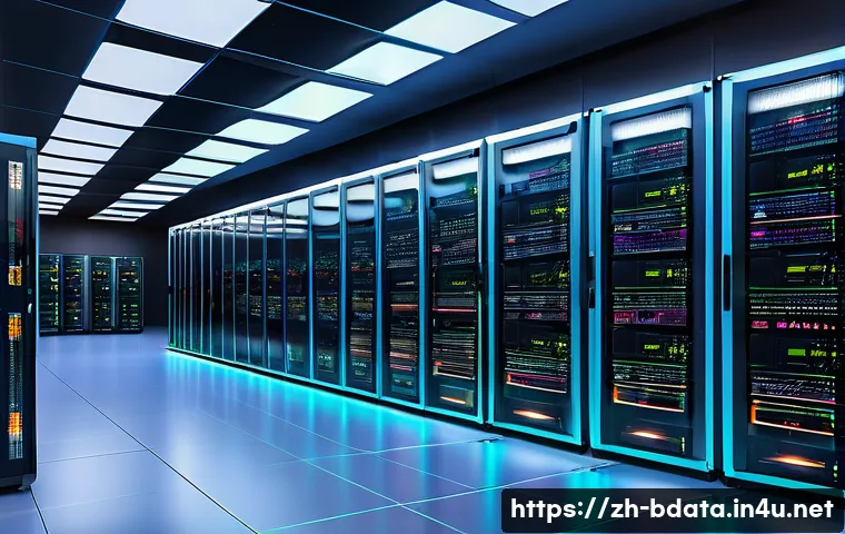 빅데이터 기술자와 대용량 데이터 처리 기술 - A futuristic data center interior with rows of sleek servers and glowing HDFS storage units, illustr...