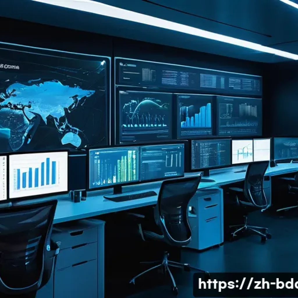 빅데이터 기술자들이 직면하는 도전 과제 - A modern data engineer workspace showing multiple large monitors displaying complex real-time data s...