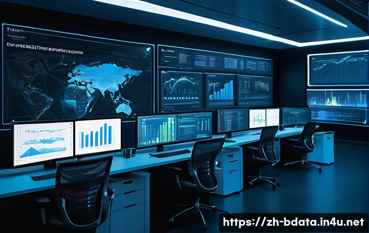 빅데이터 기술자들이 직면하는 도전 과제 - A modern data engineer workspace showing multiple large monitors displaying complex real-time data s...