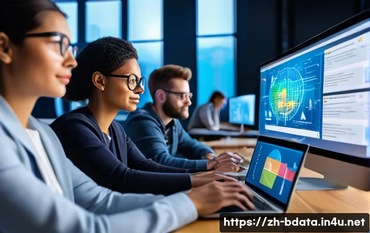 빅데이터 기술자 네트워크 확장 방법 - A vibrant and modern online big data technology community scene, featuring diverse professionals eng...