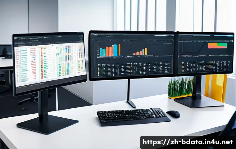 빅데이터 실무에서 다양한 데이터 포맷 활용 - A modern data analyst workspace featuring multiple screens displaying diverse data formats: structur...