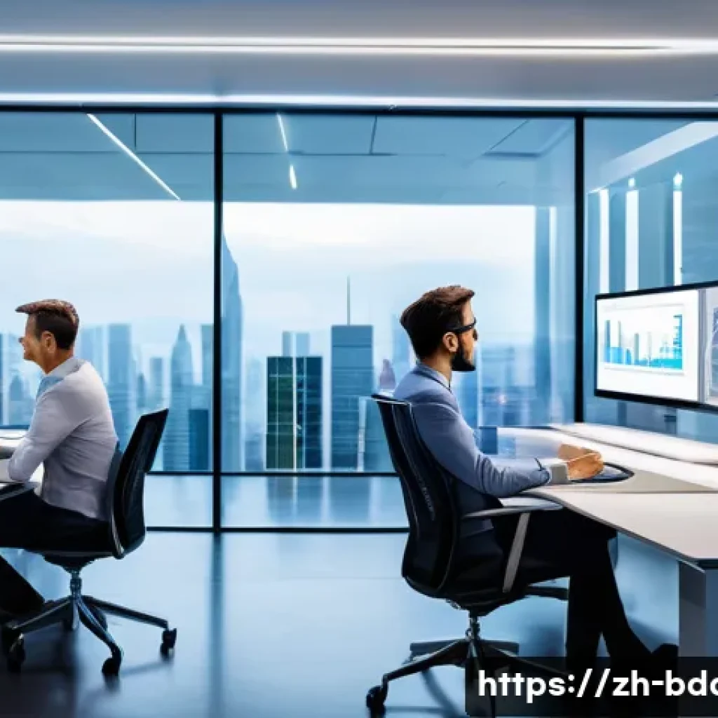 빅데이터 기술자와 로봇 프로세스 자동화 - A modern office environment showcasing intelligent automation in action: diverse professionals colla...