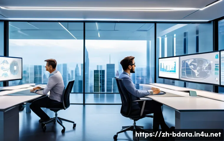 빅데이터 기술자와 로봇 프로세스 자동화 - A modern office environment showcasing intelligent automation in action: diverse professionals colla...