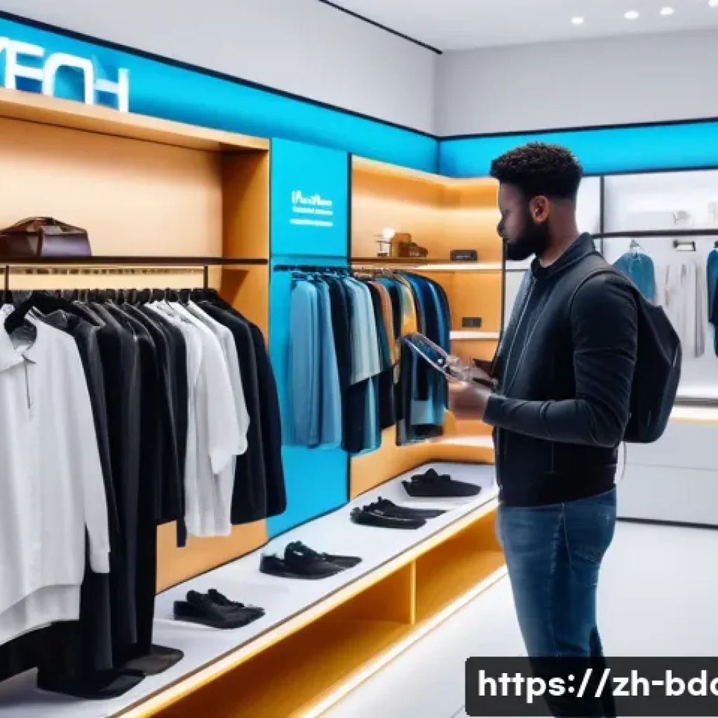 빅데이터와 고객 경험 분석 성공 사례 - A modern retail environment showcasing a smart clothing store integrating online and offline custome...