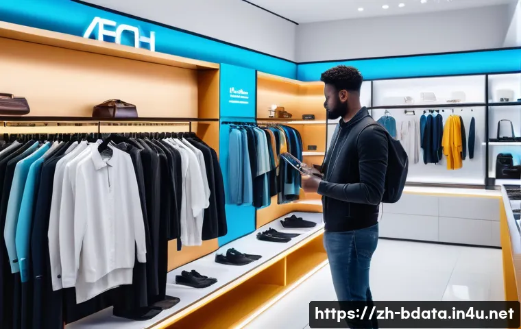 빅데이터와 고객 경험 분석 성공 사례 - A modern retail environment showcasing a smart clothing store integrating online and offline custome...