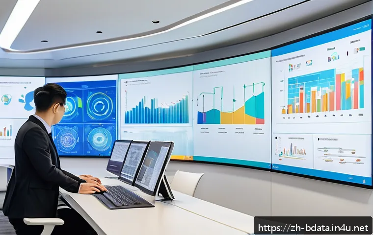 빅데이터 기술자와 프로세스 자동화 도구 - A modern office environment where a diverse team of professionals collaborates around large digital ...