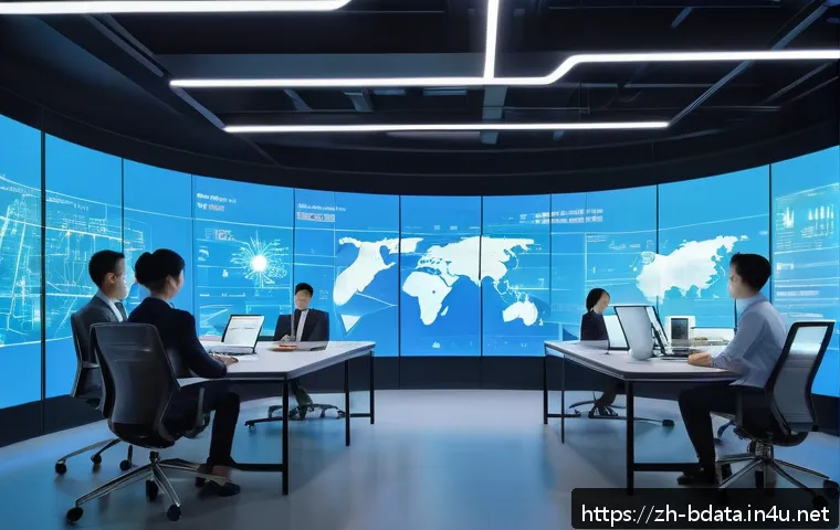 빅데이터 실무에서 데이터 연결성 관리 - A futuristic corporate office environment showing diverse teams collaborating across departments wit...
