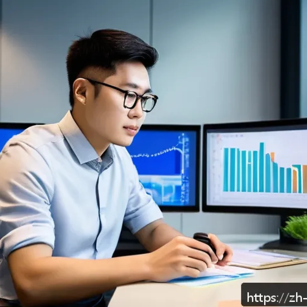 빅데이터 기술자의 하루 루틴 - A modern office scene showing a professional Chinese data engineer in casual business attire focusin...