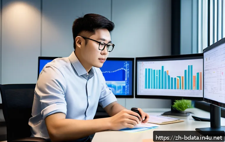 빅데이터 기술자의 하루 루틴 - A modern office scene showing a professional Chinese data engineer in casual business attire focusin...