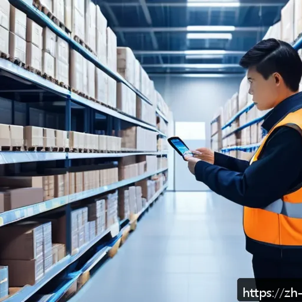 빅데이터와 클라우드의 연계성 - A modern retail warehouse scene showing dynamic cloud-based big data analytics in action: workers sc...