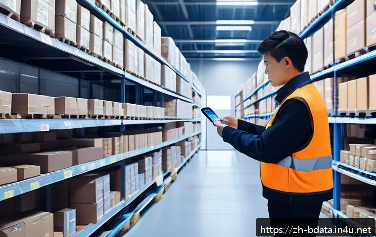 빅데이터와 클라우드의 연계성 - A modern retail warehouse scene showing dynamic cloud-based big data analytics in action: workers sc...