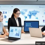 빅데이터 실무에서의 팀워크 강화 방법 - A modern office scene showing a diverse cross-department team engaged in a "goal alignment meeting."...