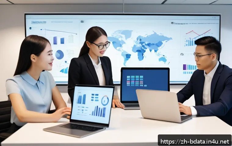 빅데이터 실무에서의 팀워크 강화 방법 - A modern office scene showing a diverse cross-department team engaged in a "goal alignment meeting."...