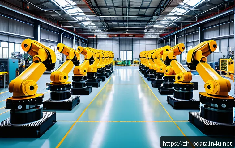 빅데이터 기술자와 산업별 기술 적용 사례 - A high-tech smart manufacturing factory scene featuring advanced machinery equipped with numerous se...