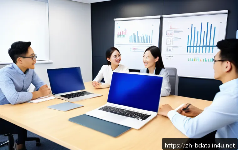 빅데이터 기술자의 리더십 역량 개발 - A modern office scene showing a diverse data team engaged in a lively cross-department meeting, with...