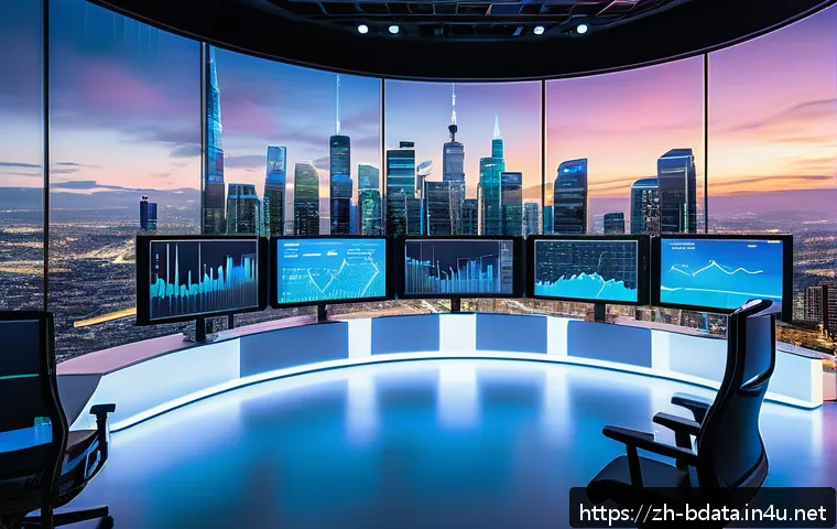 빅데이터 분석 툴 베스트 5 - A futuristic data analyst workspace featuring multiple transparent holographic screens displaying in...