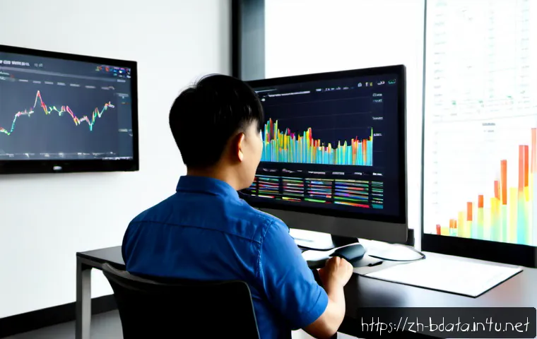 빅데이터 기술자의 데이터 시각화 스킬 - Photorealistic big data engineer in a modern analytics office, seated at a clean desk and studying a...