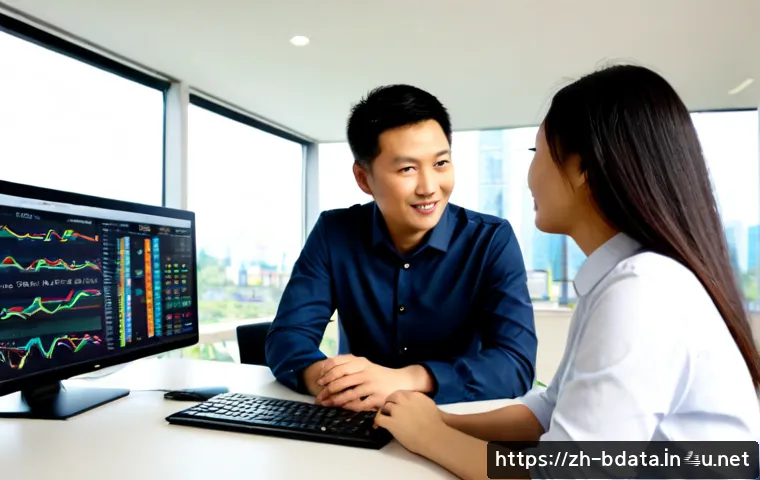 빅데이터 기술자의 직업 만족도 개선 - Photorealistic modern data analytics workplace, a satisfied East Asian big data technician in smart ...