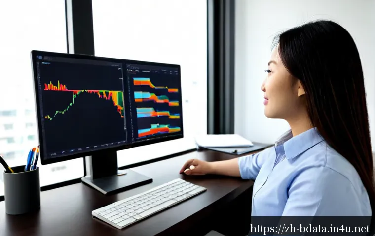 빅데이터 분야 이직 준비 팁 - Photorealistic career transition scene for big data professionals, confident East Asian analyst in s...